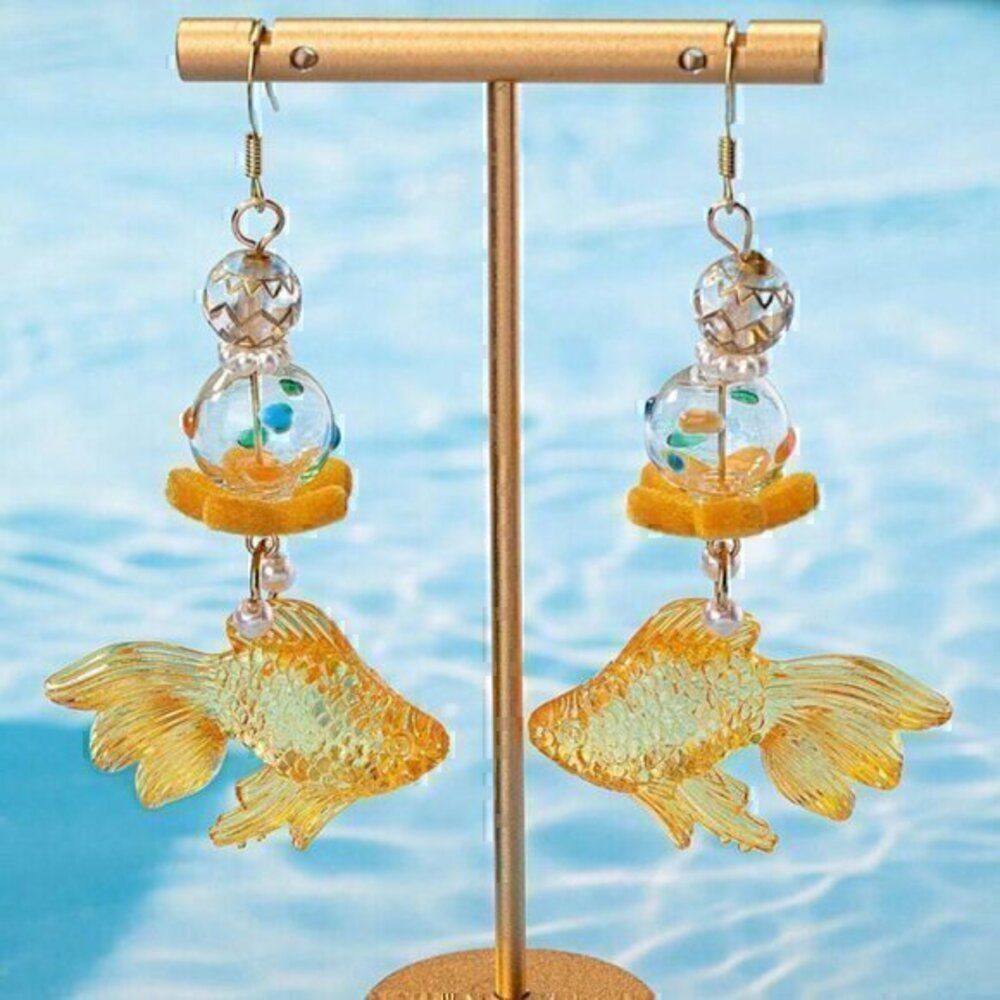 Gold Fish Bowl Carp Long Dangle Statement Beach Vacation Earrings